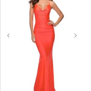 La Femme Plunging V-Neck Ruched Sheath Dress